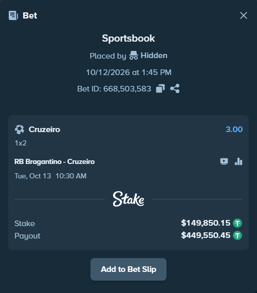 Bet slip: RB Bragantino - Cruzeiro, $150,000.00 stake at 3.00 odds, placed by Hidden