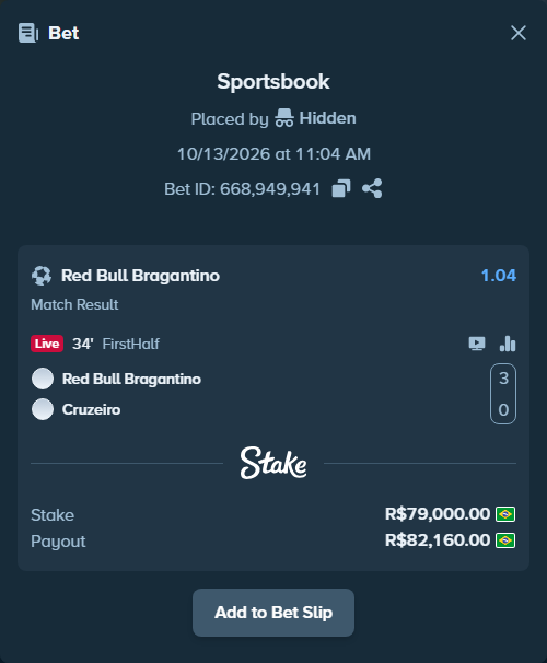 Bet slip: RB Bragantino - Cruzeiro, $15,800.00 stake at 1.04 odds, placed by toussaintpedro
