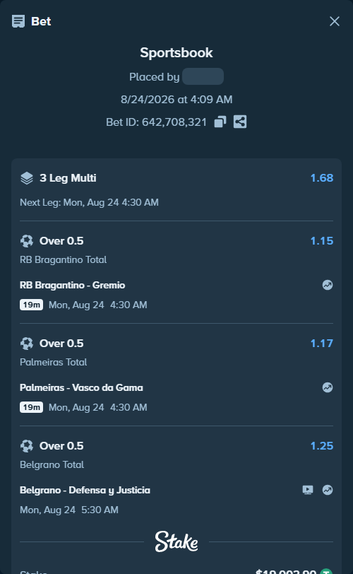 Bet slip: RB Bragantino - Gremio, $19,001.00 stake at 1.15 odds, placed by SH7N28
