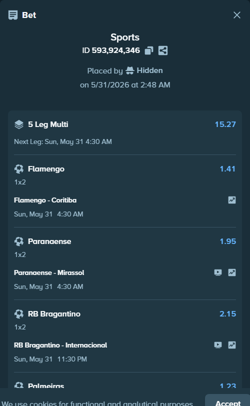 Bet slip: RB Bragantino - Internacional, $10,010.00 stake at 2.15 odds, placed by Hidden