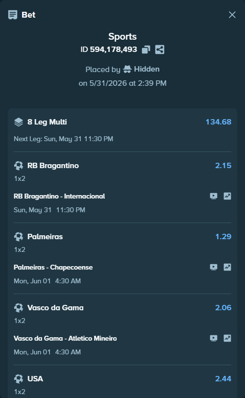 Bet slip: RB Bragantino - Internacional, $10,010.00 stake at 2.15 odds, placed by Hidden