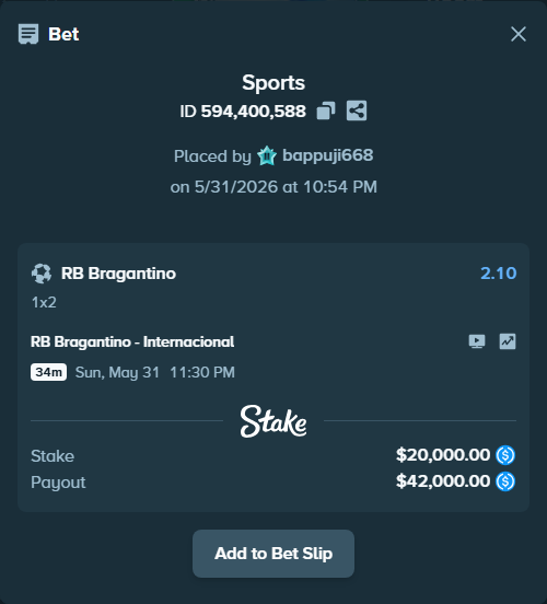 Bet slip: RB Bragantino - Internacional, $20,000.00 stake at 2.10 odds, placed by bappuji668