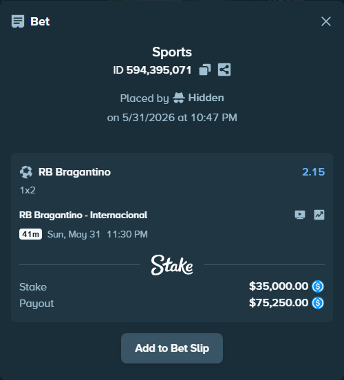 Bet slip: RB Bragantino - Internacional, $35,000.00 stake at 2.15 odds, placed by Hidden