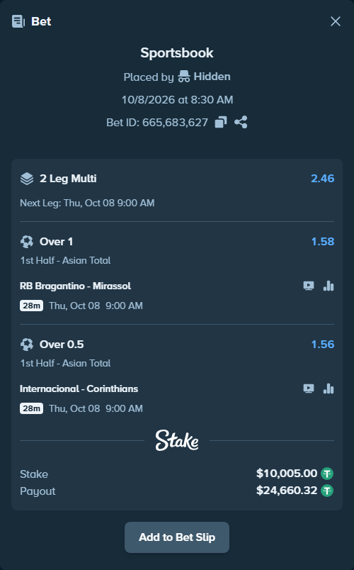 Bet slip: RB Bragantino - Mirassol, $10,005.00 stake at 1.58 odds, placed by rmaghsdudthd