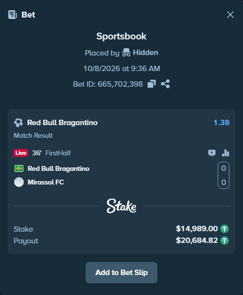 Bet slip: RB Bragantino - Mirassol, $14,989.00 stake at 1.38 odds, placed by SH7N28