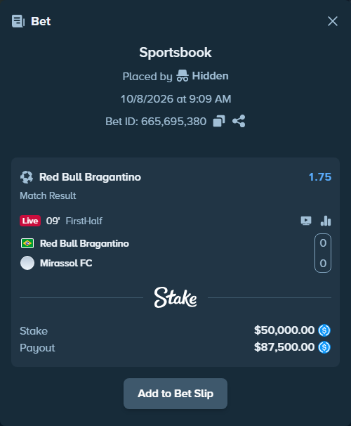 Bet slip: RB Bragantino - Mirassol, $50,000.00 stake at 1.75 odds, placed by Hidden