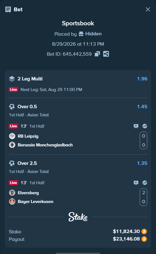 Bet slip: RB Leipzig - Borussia Monchengladbach, $11,859.75 stake at 1.45 odds, placed by Hidden