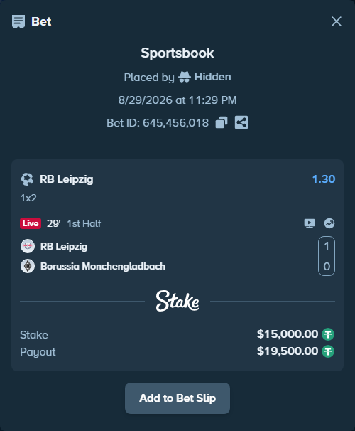 Bet slip: RB Leipzig - Borussia Monchengladbach, $15,000.00 stake at 1.30 odds, placed by Hidden