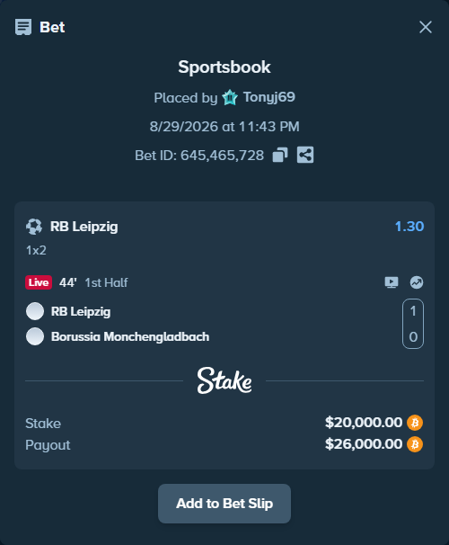 Bet slip: RB Leipzig - Borussia Monchengladbach, $20,123.02 stake at 1.30 odds, placed by Tonyj69