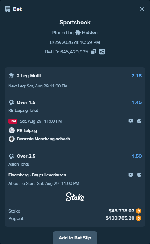 Bet slip: RB Leipzig - Borussia Monchengladbach, $46,589.05 stake at 1.45 odds, placed by Hidden