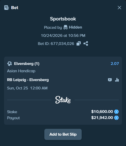 Bet slip: RB Leipzig - Elversberg, $10,600.00 stake at 2.07 odds, placed by Hidden
