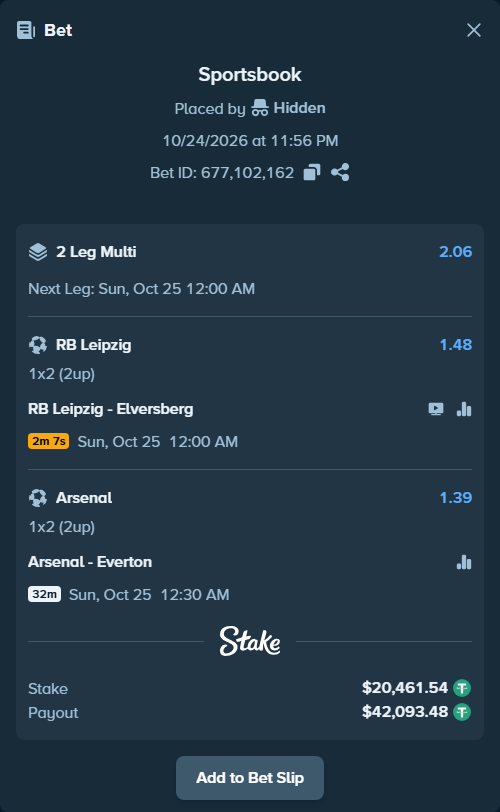 Bet slip: RB Leipzig - Elversberg, $20,482.00 stake at 1.48 odds, placed by Hidden