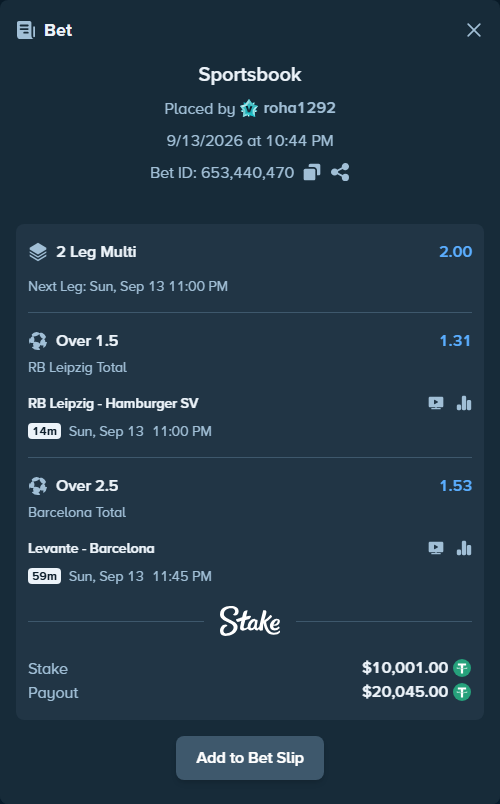 Bet slip: RB Leipzig - Hamburger SV, $10,000.00 stake at 1.31 odds, placed by roha1292