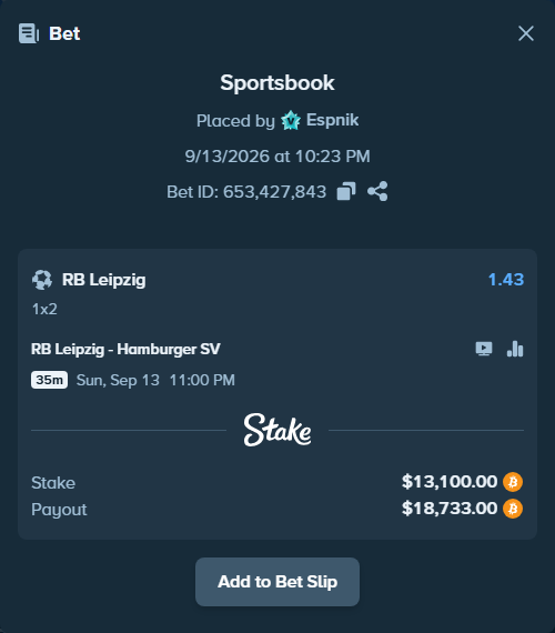 Bet slip: RB Leipzig - Hamburger SV, $13,185.86 stake at 1.43 odds, placed by Espnik
