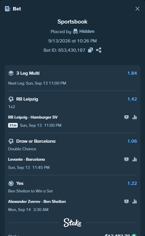 Bet slip: RB Leipzig - Hamburger SV, $13,480.00 stake at 1.42 odds, placed by Hidden