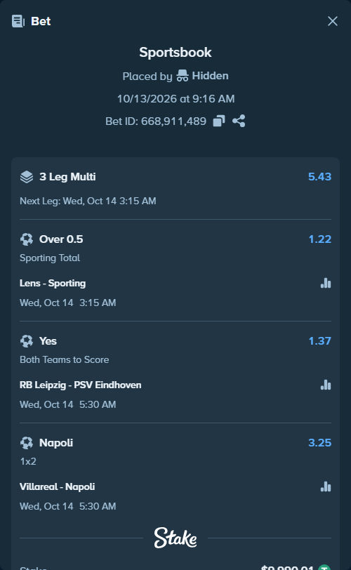 Bet slip: RB Leipzig - PSV Eindhoven, $10,000.00 stake at 1.37 odds, placed by Bossnatty