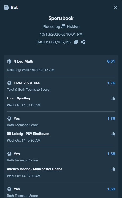 Bet slip: RB Leipzig - PSV Eindhoven, $11,196.73 stake at 1.36 odds, placed by tqiforcat