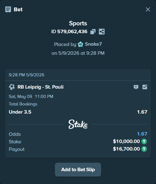 Bet slip: RB Leipzig - St. Pauli, $10,000.00 stake at 1.67 odds, placed by Snake7