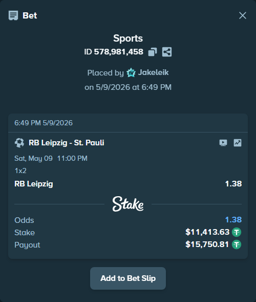 Bet slip: RB Leipzig - St. Pauli, $11,413.63 stake at 1.38 odds, placed by Jakeleik