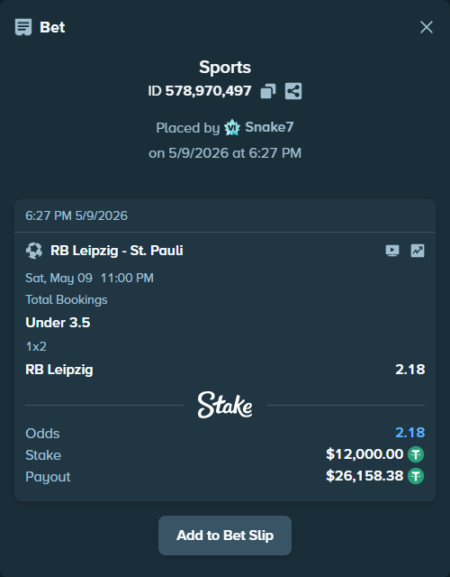 Bet slip: RB Leipzig - St. Pauli, $12,000.00 stake at 1.67 odds, placed by Snake7