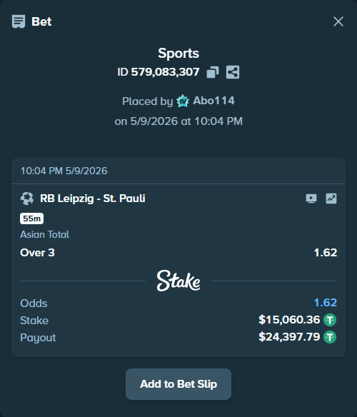 Bet slip: RB Leipzig - St. Pauli, $15,060.36 stake at 1.62 odds, placed by Abo114