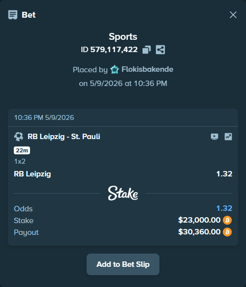 Bet slip: RB Leipzig - St. Pauli, $18,358.03 stake at 1.32 odds, placed by Flokisbakende