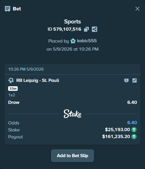 Bet slip: RB Leipzig - St. Pauli, $25,193.00 stake at 6.40 odds, placed by kabic555