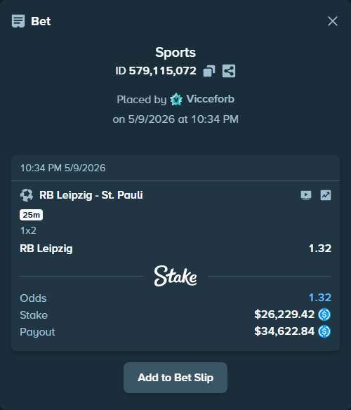 Bet slip: RB Leipzig - St. Pauli, $26,229.42 stake at 1.32 odds, placed by Vicceforb