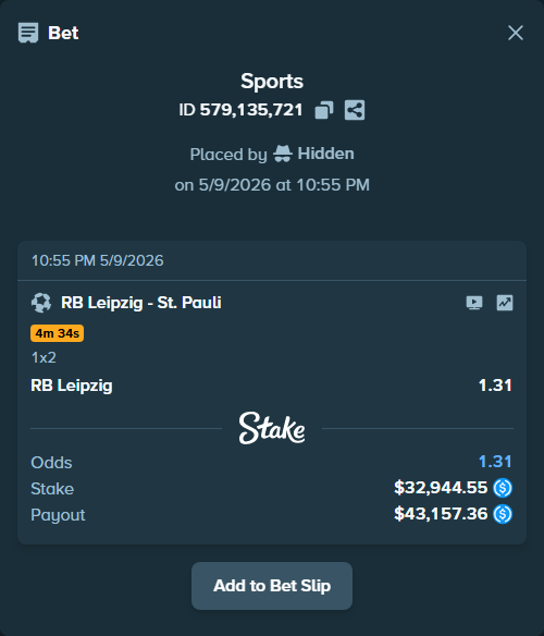 Bet slip: RB Leipzig - St. Pauli, $32,944.55 stake at 1.31 odds, placed by Hidden