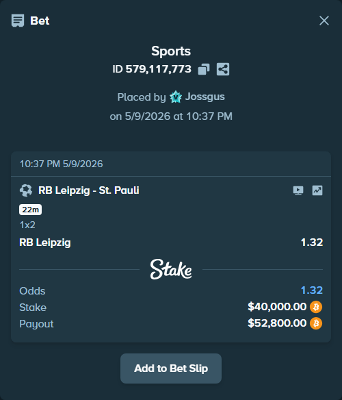 Bet slip: RB Leipzig - St. Pauli, $31,927.01 stake at 1.32 odds, placed by Jossgus