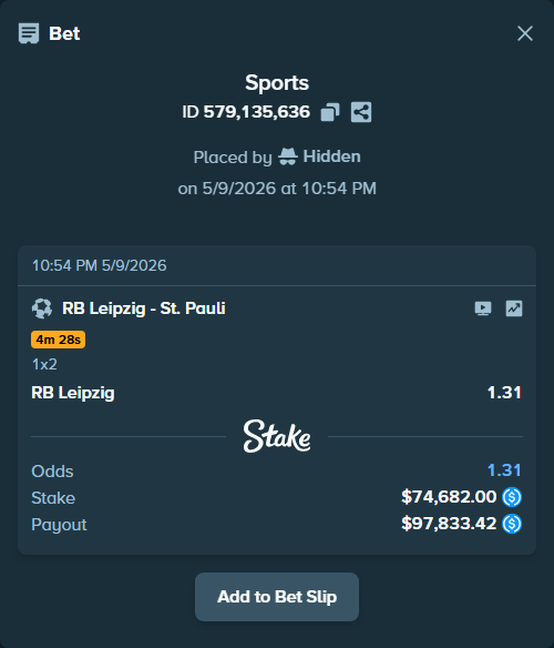 Bet slip: RB Leipzig - St. Pauli, $74,682.00 stake at 1.31 odds, placed by Hidden