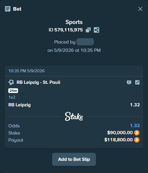 Bet slip: RB Leipzig - St. Pauli, $71,835.78 stake at 1.32 odds, placed by ArvaPandaM