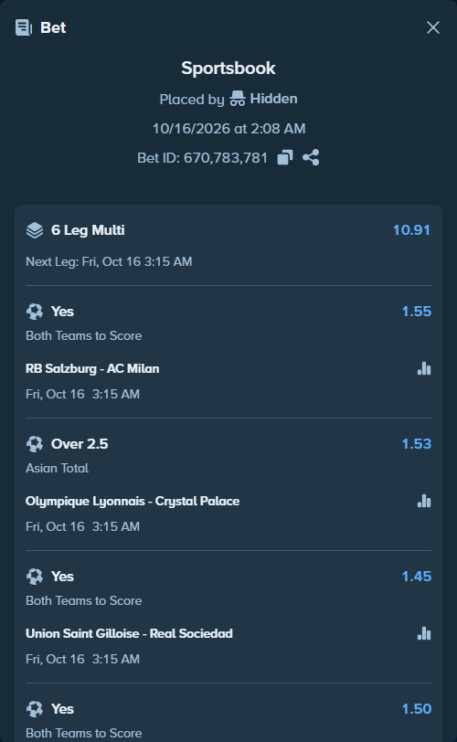 Bet slip: RB Salzburg - AC Milan, $20,000.00 stake at 1.55 odds, placed by Hidden