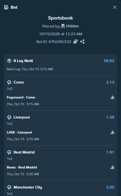 Bet slip: RB Salzburg - AC Milan, $50,000.00 stake at 1.32 odds, placed by Hidden