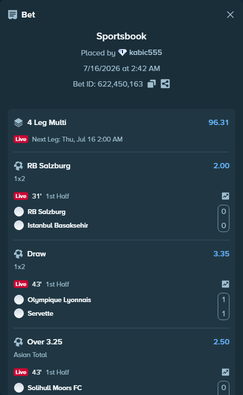 Bet slip: RB Salzburg - Istanbul Basaksehir, $14,031.36 stake at 2.00 odds, placed by kabic555