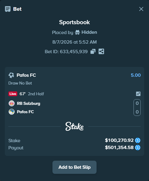 Bet slip: RB Salzburg - Pafos FC, $100,270.92 stake at 5.00 odds, placed by Hidden