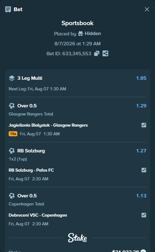 Bet slip: RB Salzburg - Pafos FC, $21,681.02 stake at 1.27 odds, placed by Hidden