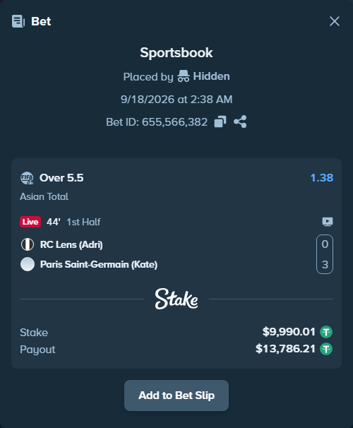 Bet slip: RC Lens (Adri) - Paris Saint-Germain (Kate), $10,000.00 stake at 1.38 odds, placed by Hidden