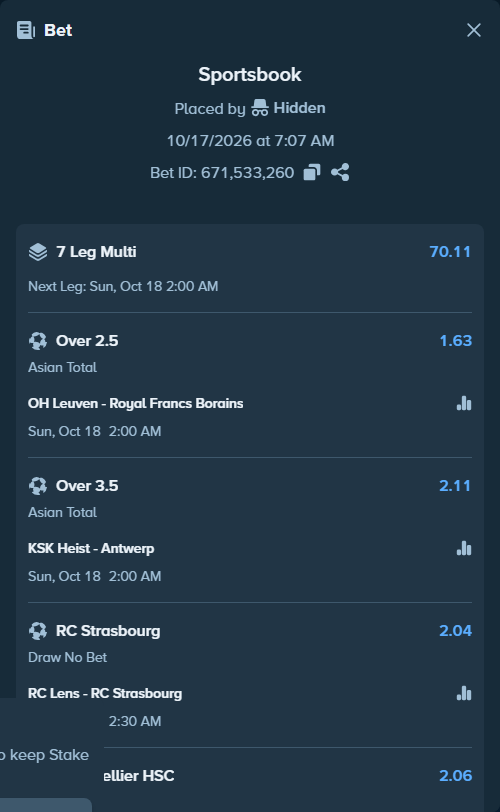 Bet slip: RC Lens - RC Strasbourg Alsace, $10,000.00 stake at 2.04 odds, placed by Hidden