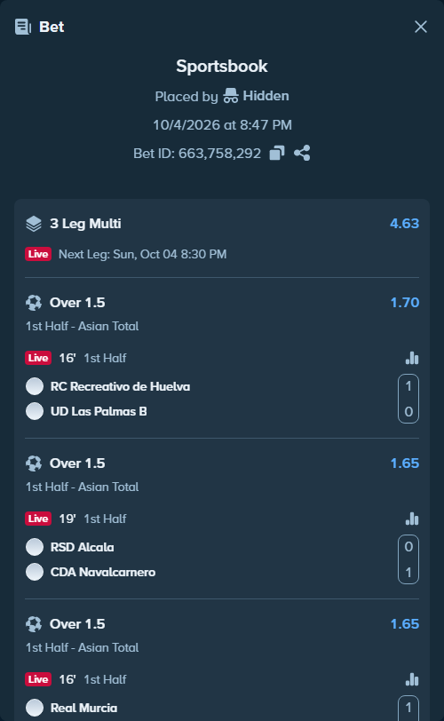 Bet slip: RC Recreativo de Huelva - UD Las Palmas Atletico, $10,000.00 stake at 1.70 odds, placed by Hidden