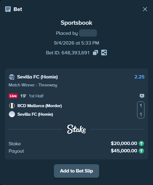 Bet slip: RCD Mallorca (Mordor) - Sevilla FC (Homie), $20,000.00 stake at 2.25 odds, placed by haroldfinchh