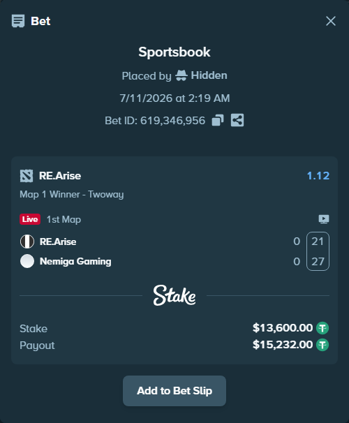 Bet slip: RE.Arise - Nemiga Gaming, $13,613.60 stake at 1.12 odds, placed by Hidden