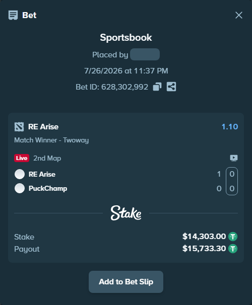Bet slip: RE Arise - PuckChamp, $14,303.00 stake at 1.10 odds, placed by squishywf