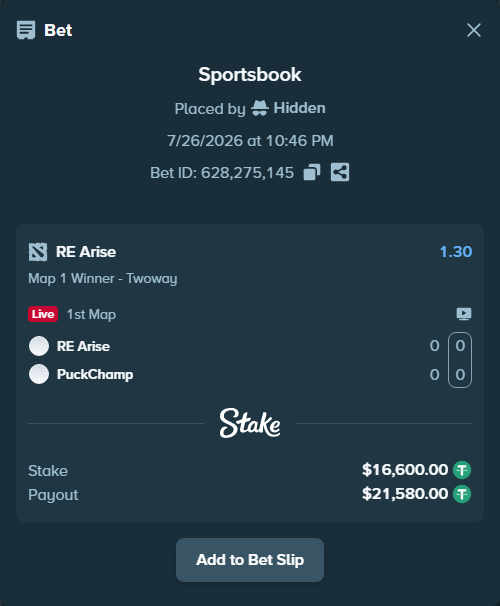 Bet slip: RE Arise - PuckChamp, $16,600.00 stake at 1.30 odds, placed by Hidden