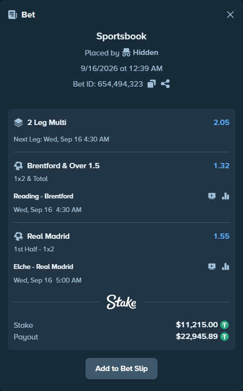 Bet slip: Reading - Brentford, $11,226.21 stake at 1.32 odds, placed by Hidden