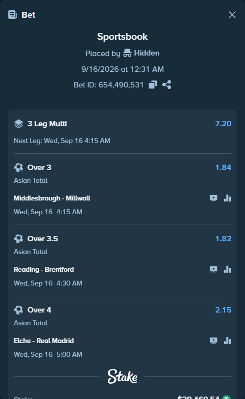 Bet slip: Reading - Brentford, $39,500.00 stake at 1.82 odds, placed by Hidden