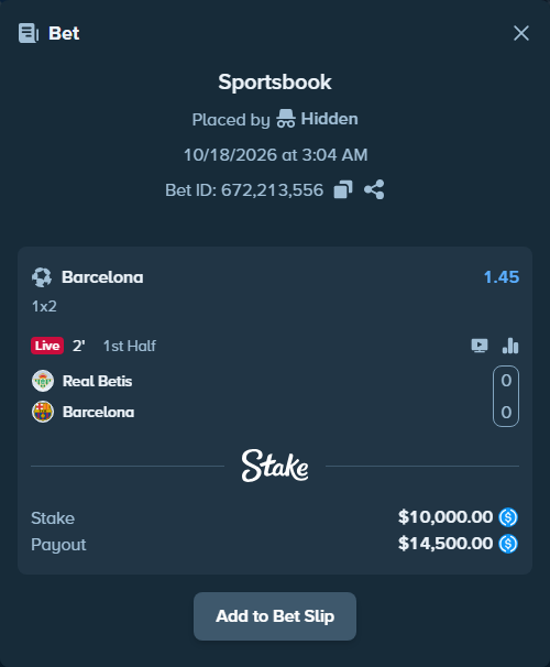 Bet slip: Real Betis - Barcelona, $10,000.00 stake at 1.45 odds, placed by mathiasjuel