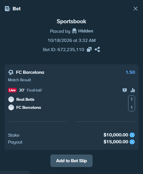 Bet slip: Real Betis - Barcelona, $10,000.00 stake at 1.50 odds, placed by olavandr