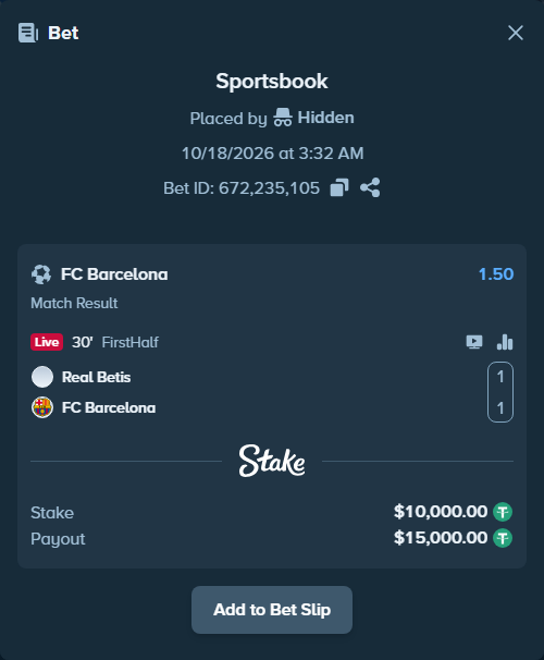 Bet slip: Real Betis - Barcelona, $10,010.00 stake at 1.50 odds, placed by Olecashoutlind
