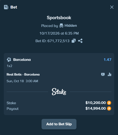 Bet slip: Real Betis - Barcelona, $10,205.87 stake at 1.47 odds, placed by Hallfkh